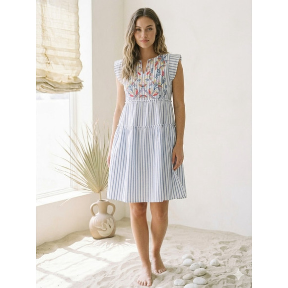 Unbranded Dresses & Skirts - Handmade Coastal Dress Blue White Stripe Cotton Floral